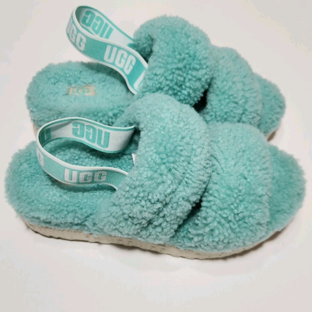 UGG Women's Oh Fluffita Size 9 Green Sheepskin Shearling‎ Slingback Sandals